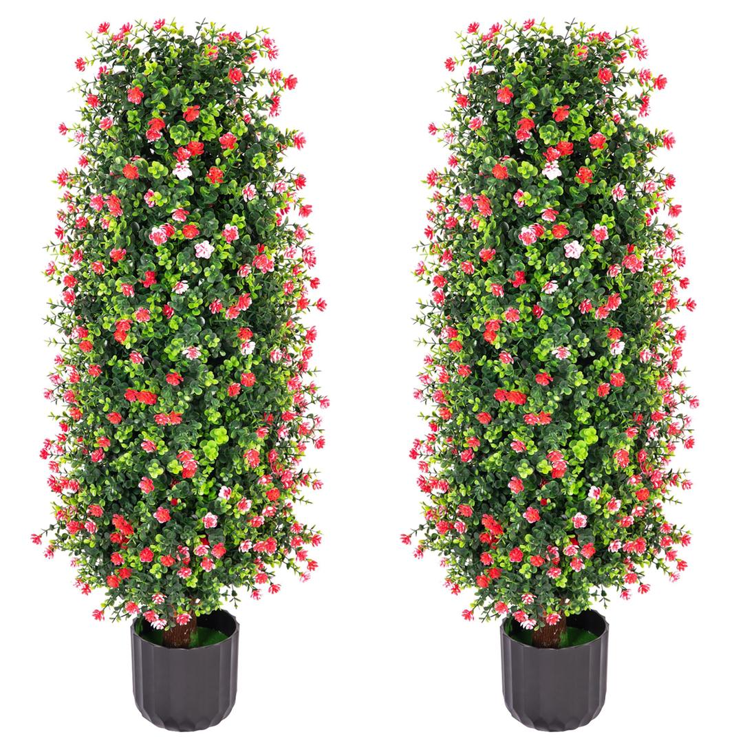 Sunnyglade 2 Packs Artificial Rose Tree 3FT- Fake Floral Plant Tree in Pot- Decorative Topiary Plant - Cement Filled Potted Faux Flower Plant for Home Office Porch Decor Indoor Outdoor (Red)