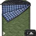 Cotton Flannel Double Sleeping Bag with Fleece Lined Hood, Waterproof Queen Size 2 Person Sleeping Bag for Adults Cold Weather Camping Backpacking or Hiking, 3-4season