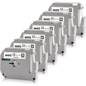 Absonic 6-Pack M231 Label Tape Compatible for Brother M-K231s M-K231 MK-231 MK231 1/2" Tape P Touch M 12mm 0.47" White Label Tape Refills for PTouch PT-65 PT-M95 PT-85 PT-90 PT-70 PT-80 Label Maker