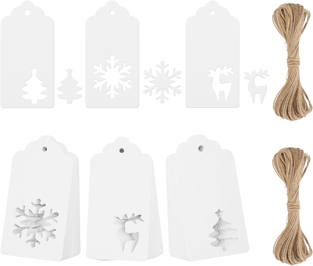 KINGLAKE Tags - 150 Pcs with String, White Xmas Holiday Blank Paper Gift Tags for Presents, Hollow Christmas Tree Snowflake Reindeer Xmas Labels