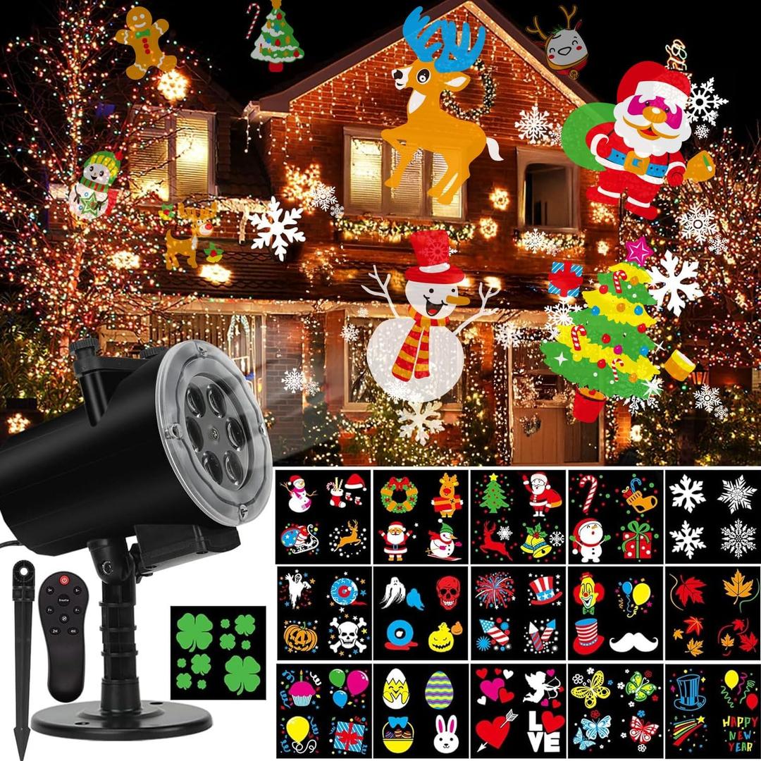 Holiday Projector Light, Syslux Halloween Christmas Projector Lights 16 HD Slides LED Waterproof Light Outdoor Indoor Lights with Remote Control for Party Garden Halloween Xmas Holiday Landscape Decor