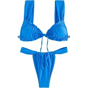 Bikini Sets for Women Summer 2024 Solid Color with Tie Front and Ruffle Trim Design Trendy Swimsuits, Size: L