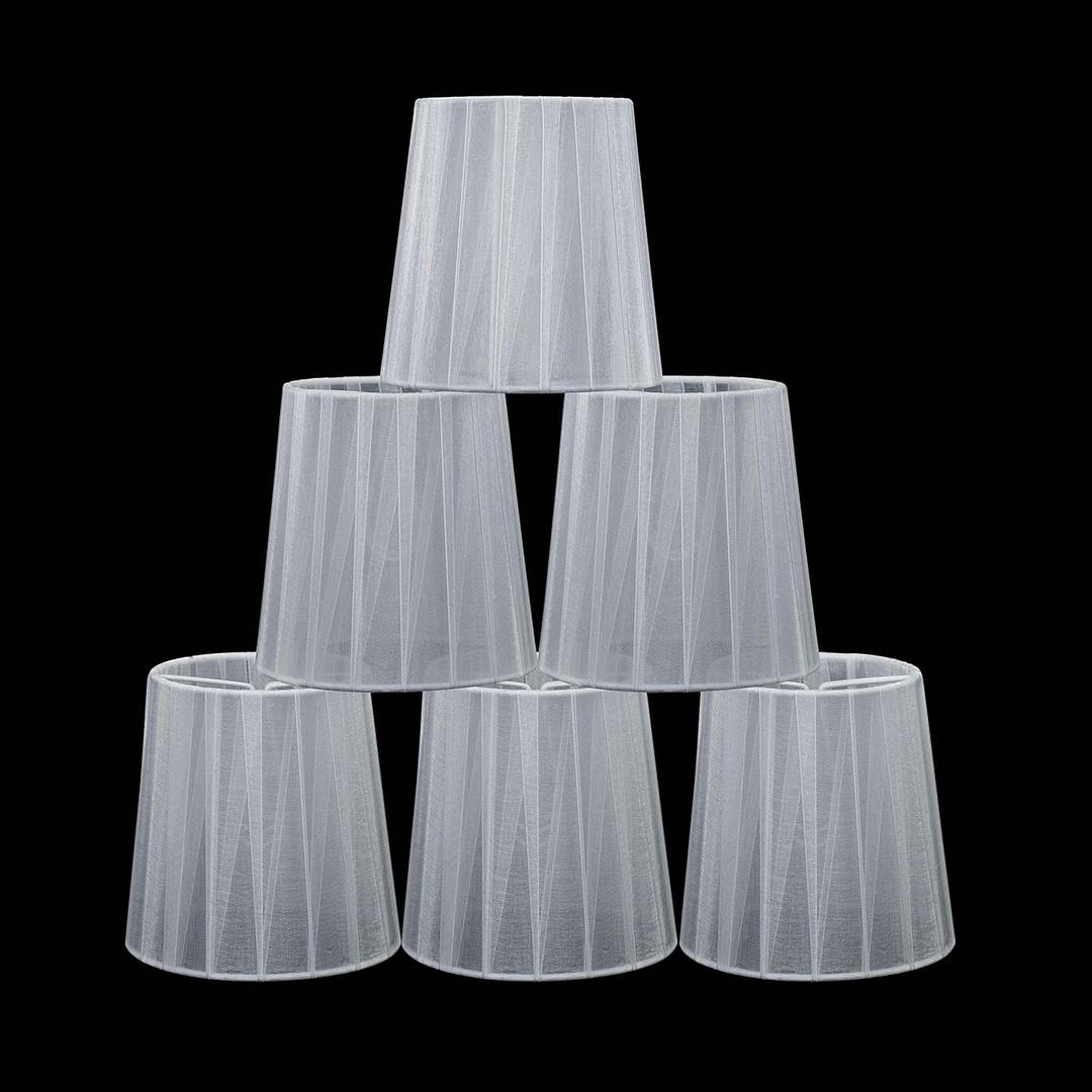 LAMPWELL KORA Clip-on Chandelier Lamp Shades, Set of 6,Small Barrel,5.2"4"H5.2", Organzy Ribbon, Handmade, Modern Decorative, ONLY FOR CANDLE BULB, White