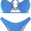 ZAFUL Women's Sexy Cutout Bikini Set High Cut Textured Metal Ring Cheeky Swimsuit Two Piece Bathing Suit (Medium, 1-blue)