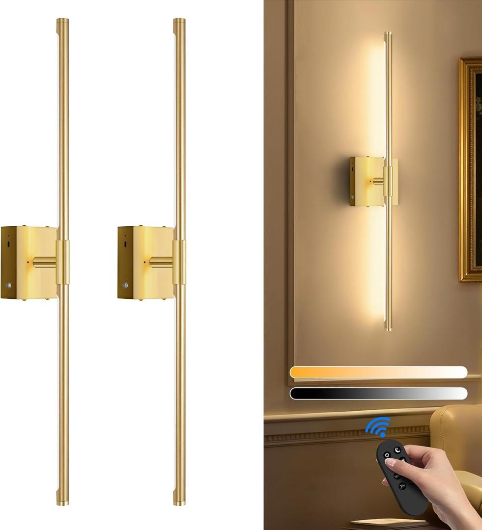 Wall Sconces Set of Two Battery Operated, Wireless USB Rechargeable Wall Lights with Remote, 8000mAh Dimmable LED 3 Color Dimmable Living Room for Bedroom,Hallway,Picture Lamp(30in Gold)