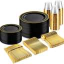 bUCLA 300PCS Black and Gold Disposable Dinnerware Set - 50 Guests Black Plastic Plates with Gold Rim Include 50 Dinner / 50 Dessert Plates, 50 Forks,50 Knives,50 Spoons&50 Cups for Party&Graduation