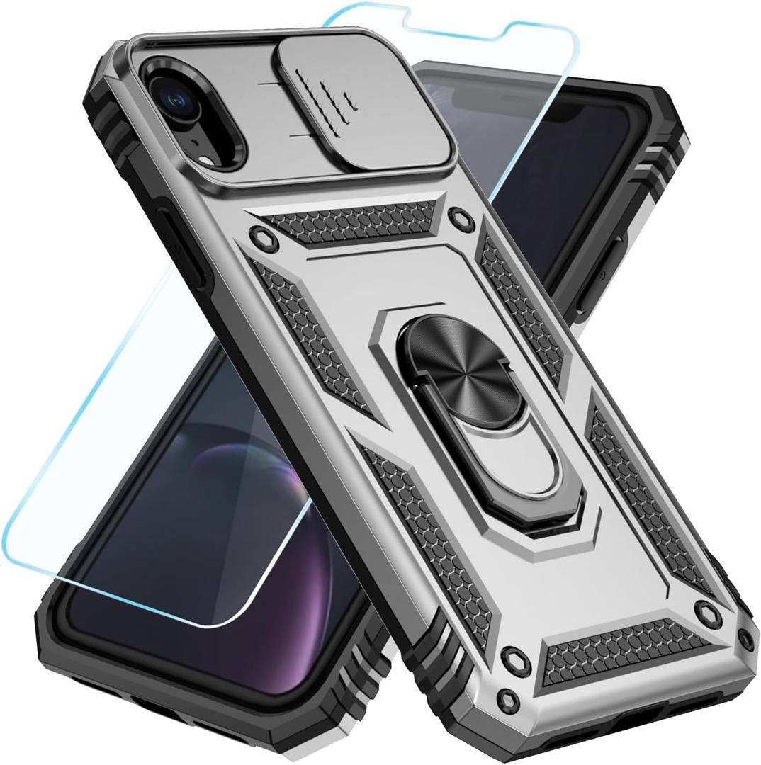 SunStory Compatible with iPhone XR Case with HD Screen Protector & Slide Camera Cover & Rotated Ring Kickstand, [Military-Grade] Phone Case for iPhone XR(Silver)