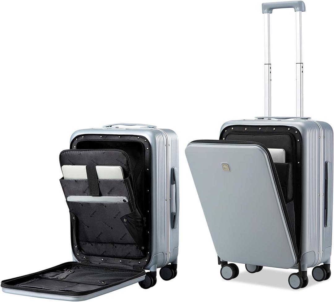 Hanke Grace Hard Shell Suitcases with Wheels,20 Inch Carry On Luggage Airline Approved with Aluminum Frame, Travel suitcase with Front Pocket Travel Luggage for Short Business Trips, Grey, 20 Inch Middle No Opening