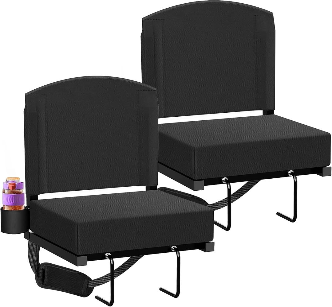 Dayacoco Stadium Seats with Back Support, Portable Bleacher Seat for Bleachers Hold up 400lbs, Wide Bleacher Seat with Shoulder Strap & Handle Perfect for Sports Events (Black, 2pcs)