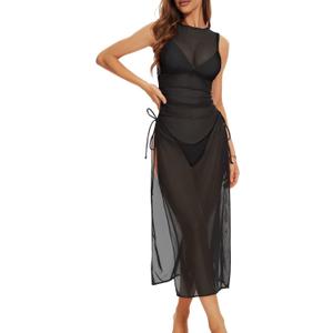 Swimsuit Women Cover Up High Split Drawstring Mesh Dress for Women Swimwear Bikini Cover Up See Through Dress (Medium, Black)