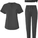 Women's V-Neck Scrubs Set With Cap, Stretchy Top and Jogger Pants, 11 Pockets Nursing Uniform (Small, Grey)