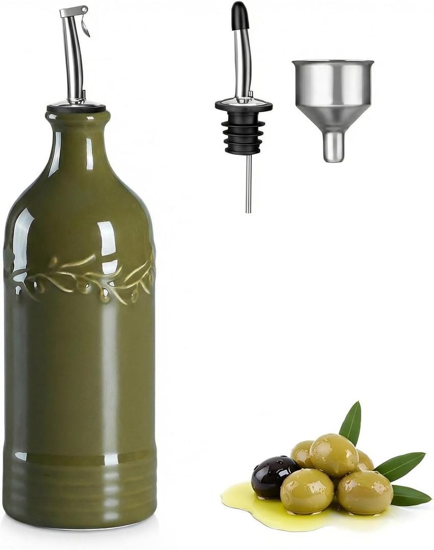 ONEMORE Ceramic Olive Oil Dispenser Bottle with Pour Spouts & Funnel, 17 oz Refillable Kitchen Oil Dispenser for Cooking, Drizzling, Dressing, Modern Leakproof Oil and Vinegar Dispenser, Olive Green