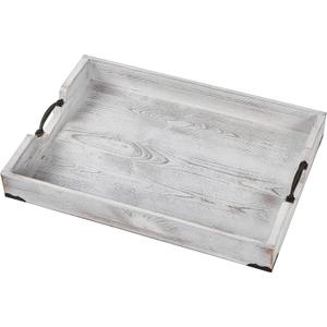 Large Wood Rectangular Serving Tray 20 x 14 Inch Rustic Wooden Ottoman Tray with Metal Handle and Wrapped Corners, Wood Coffee Table Tray Solid Pine Decorative Tray Whitewashed