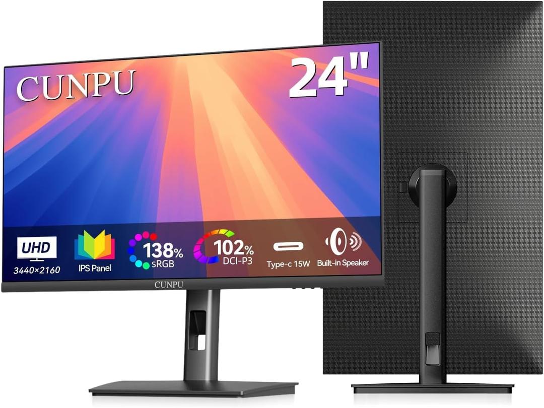 CUNPU 24" 4K UHD Professional USB-C Monitor, 100% sRGB/DCI-P3, E2 Color Accuracy, 185 PPI Pixel-Perfect Clarity, for Mac Laptop Screen Extender, HDMI/DP, Built-in Speakers, Ergonomic Stand