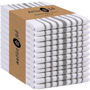Native Fab Herringbone Striped Kitchen Towels 100% Cotton 12 Pack 16"x26" - Scandia Weave Dish Towels for Drying, Absorbent Dish Cloths Set with Hanging Loop - Grey White