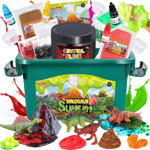 Dinosaur Slime Making Kit for Boys, Butter and Crystal Slime, Glow in The Dark and Add-ins with Storage Box, Dino Figurines with Lava, DIY Birthday Party Favors Gift Toys for Kids 6-12