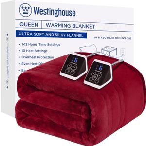 Westinghouse Queen Size Electric Heating Blanket - 10 Levels, Auto Shut Off, Fast Heating - Machine Washable (Queen, 84x90 Inches, Wine Red)