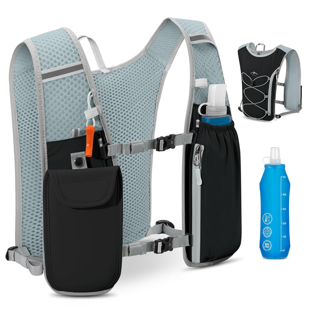 RAINSMORE Running Hydration Vest with 500ml Soft Flask, Waterproof Phone Pocket, Lightweight Hydration Pack, Adjustable No-Bounce Straps for Trail Running, Marathon, Cycling