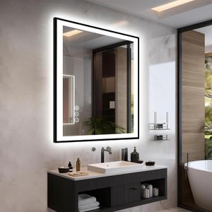 32x36 LED Bathroom Mirror - Black Border (Front and Backlit), Anti-Fog Vanity Mirror with Lights,Stepless Dimmable Illuminated Mirror,3 Colors Smart Mirror(Horizontal/Vertical)