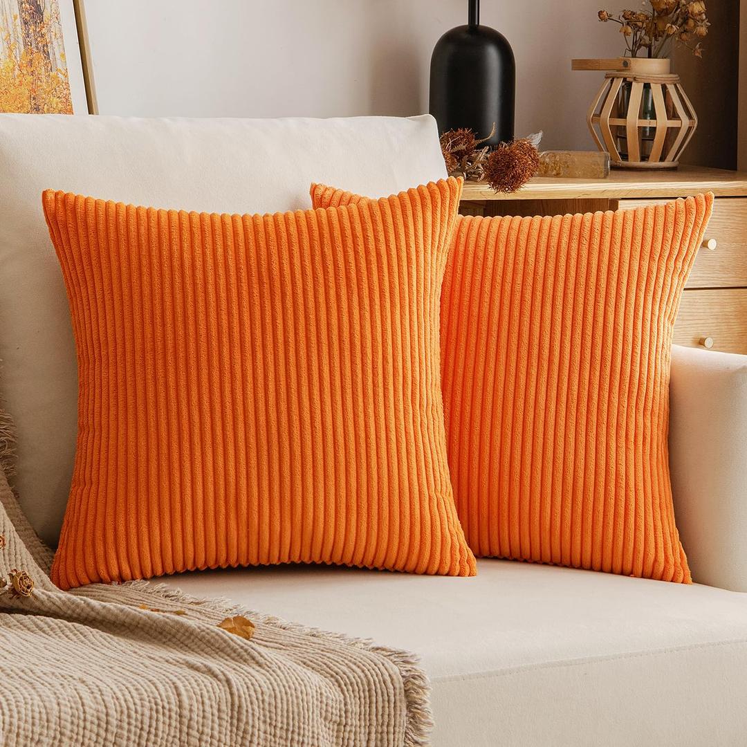 Fall Orange Throw Pillow Covers Corduroy Decorative Soft Striped Square Cushion Covers Spring Pillowcases for Couch Sofa Bedroom Chair Car 16x16 Inch Set of 2