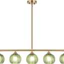 Modern Brushed Brass Linear Chandelier Green Striped Glass Shade 5-Lights Gold Mid Century Sputnik Globe Pendant Light Farmhouse Ceiling Hanging Light Fixture Dining Room Kitchen Island