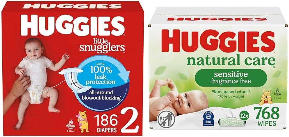 Little Snugglers Bundle: Huggies Little Snugglers Baby Diapers, Size 2 (12-18 lbs), 186 Count & Huggies Natural Care Sensitive Baby Wipes, 768 Count (12 Packs of 64)