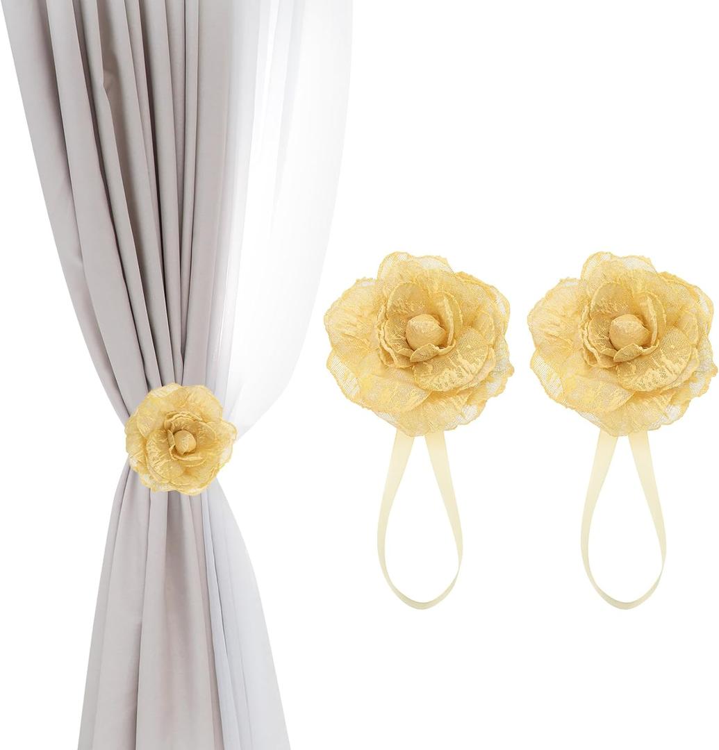 PATIKIL Flower Magnetic Curtain Tiebacks, 1 Pair No Drill Decorative Drapery Curtain Holdbacks Rope Holder for Home Office Cafe Balcony Decor, Gold