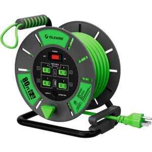 Retractable Extension Cord Reel 80 FT, 14AWG SJTOW Heavy Duty Power Cord with 4 Grounded Outlets, USB-A & USB-C Ports, 13A Circuit Breaker, Hand Crank for Indoor Outdoor Use, ETL Listed, Green