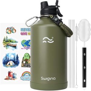Swigina [2IN1 LID] Gallon Insulated Water Bottle with Silicone Boot (48hrs Cold/24hrs Hot)  DIY Stickers, Leakproof, BPA Free, 128 oz