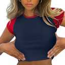 Avanova Women's Letter Print Tee Short Sleeve Round Neck Slim Fit Crop Top T Shirt (Blue Red, S)