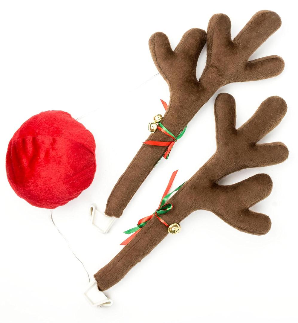 Red Co. 17” Standard Reindeer Christmas Car Kit Products, Antlers with Jingle Bells & Nose