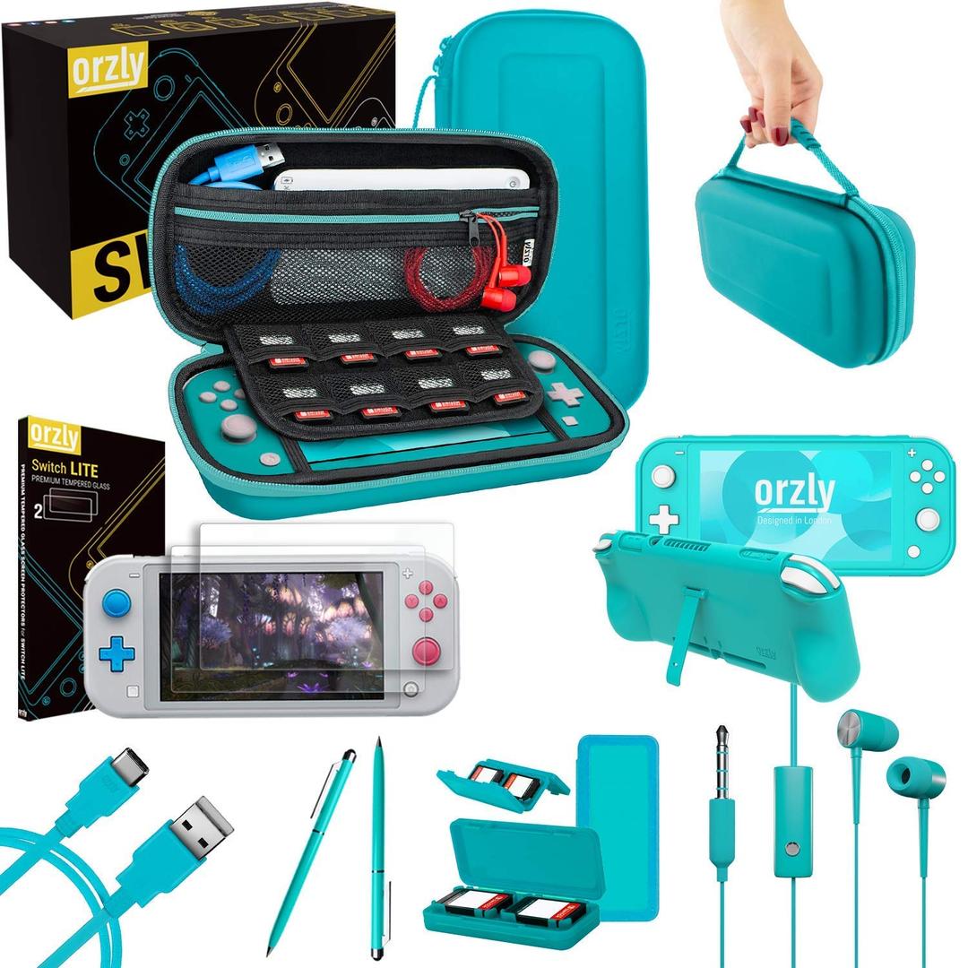 Orzly Switch Lite Accessories Bundle  Case & Screen Protector for Nintendo Switch Lite Console, USB Cable, Games Holder, Grip Case, Headphones, ThumbGrip Pack & More (Gift Pack  Turquoise Blue)