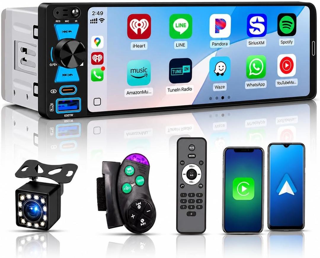 Single Din Car Stereo, 6.5 Inch in-Cell Touch Screen, Wireless Apple CarPlay Android Auto, Bluetooth 5.2, 180W Amplifier, Car Radio, Dual USB + Type-C, Backup Camera, Universal Fit for One Din Cars