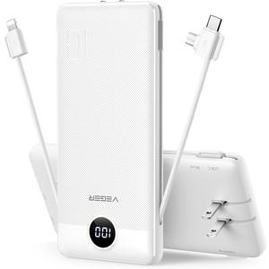 VEGER Portable Charger with Built-in AC Plug and Cables, All in One 10000mAh Ultra Slim Power Bank Travel Essentials, Fast Charging Battery Pack Compatible with iPhone, Samsung, Android (White)