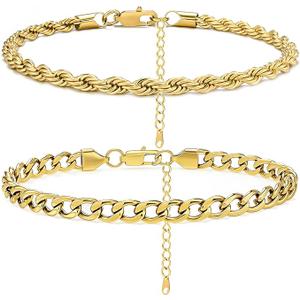 2PCS Ankle Bracelets for Women - Gold/Silver Plated Stainless Steel Anklets Set - Waterproof Layered Cuban Link Chain Anklet Bracelet Summer Beach Foot Jewelry Gifts for Women, 8.5inches