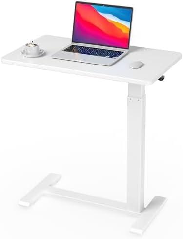 Ywin Medical Adjustable Overbed Bedside Table with Wheels, Swivel Rolling Standing Desk, Pneumatic Small Side Bed Table with Tray for Couch, Hospital, Home,Office Use,(28" W X 16" D, White)