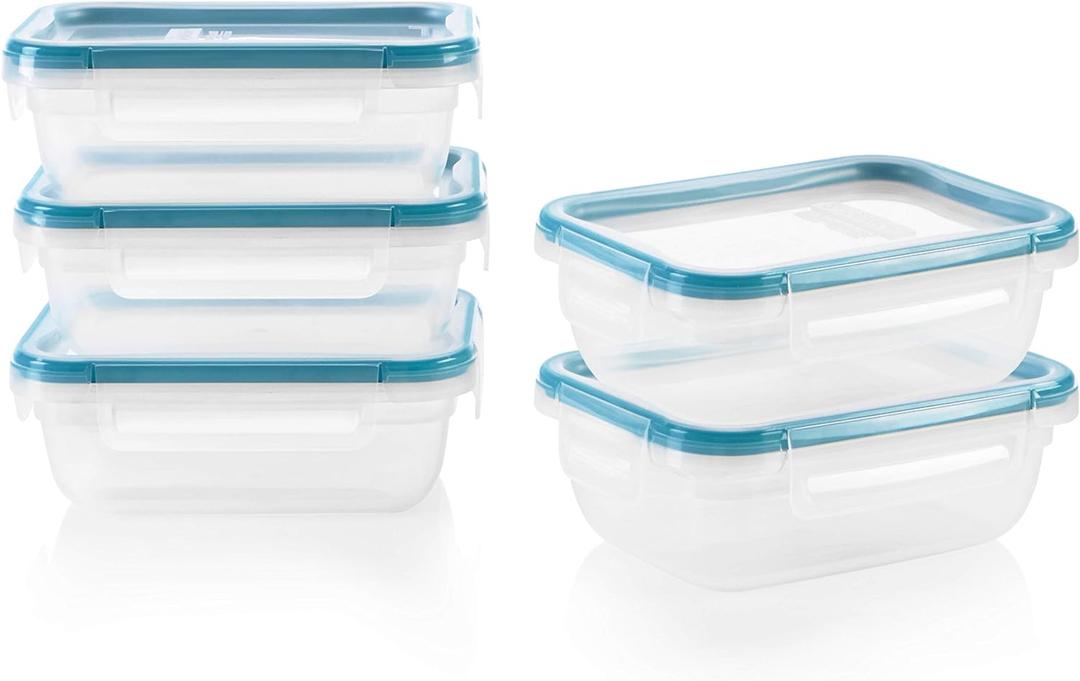 Snapware Total Solution 5-Pack (3-Cup) Plastic Food Storage Containers Set, Leakproof & Airtight Locking Lids Rectangular Tupperware, Non-Toxic BPA-Free Lids, Microwave Dishwasher Freezer Safe (10 PC Set)
