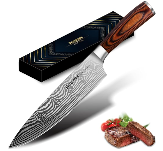 8inch Chef's Knife Sushi Knife Sashimi Slicing Knife Multipurpose Damascus Pattern Fixed Blade Cooking Kitchen Knives(Knife with box