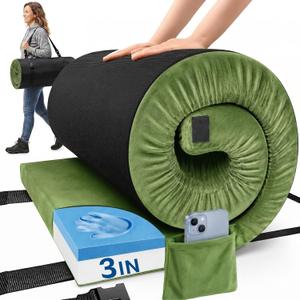 Camping Mattress Pad, 3 Inch Memory Foam Camping Mattress with Non-Slip Bottom & Washable Cover, Portable Roll Up Floor Camping Mat, Camping Sleeping Pad for Adults, Car Bed with Travel Bag