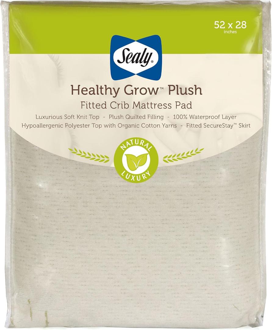 Sealy Baby Healthy Grow Plush Fitted Waterproof Infant Crib Mattress Protector Pad and Toddler Bed Cover, Organic Cotton and PolyBlend Top, Machine Washable and Dryer Friendly, 52 x 28- White