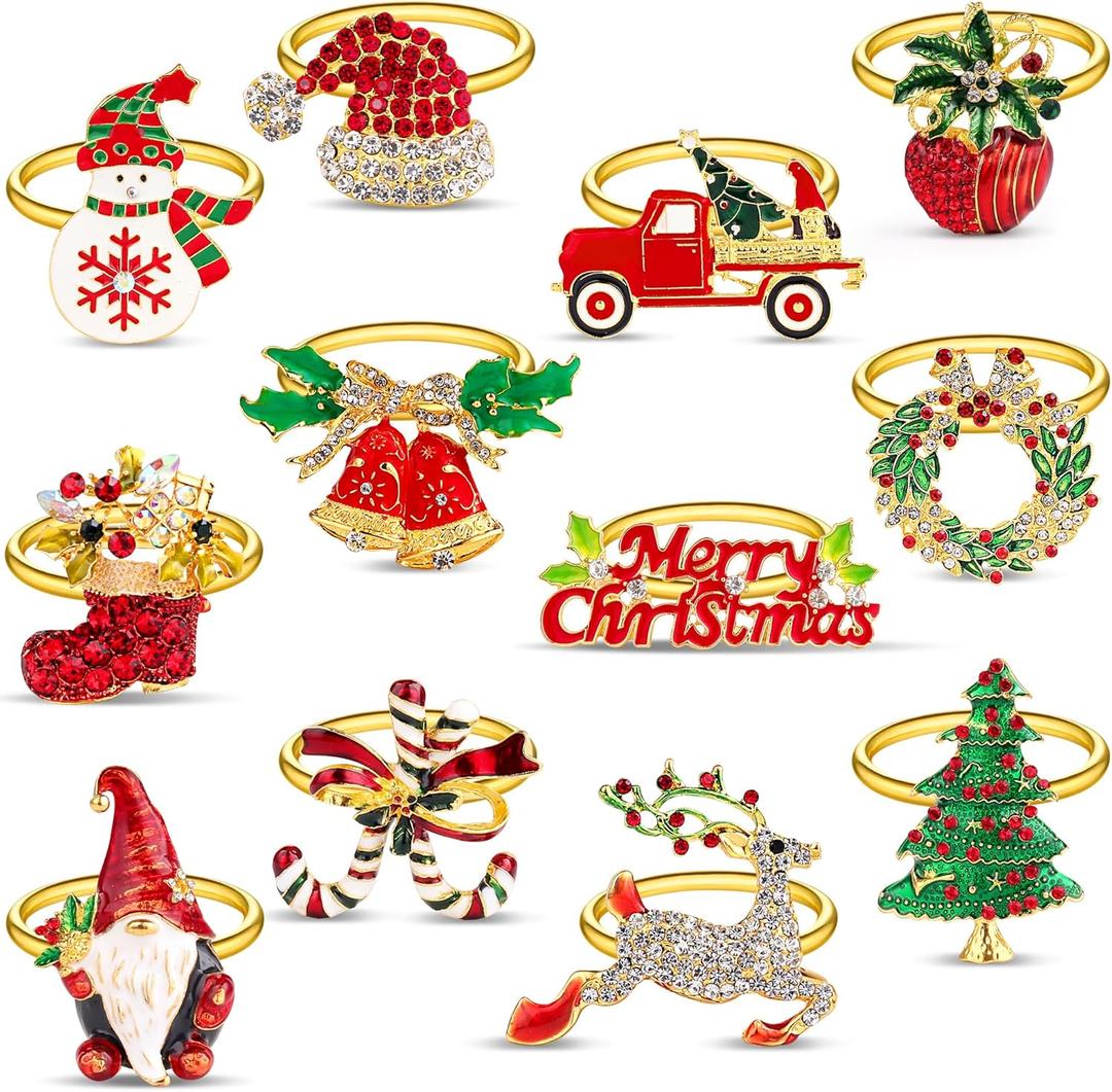 Homotte Gold Napkin Rings with Bling Set of 12, Various Christmas Elements Holders for Thanksgiving Table Decorations, Banquet, Daily Receptions