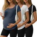 3 Pack Women Maternity T-Shirts Yoga Short Sleeve Side Ruched Tees Athletic Casual Tops Workout Pregnant Clothes (XL)