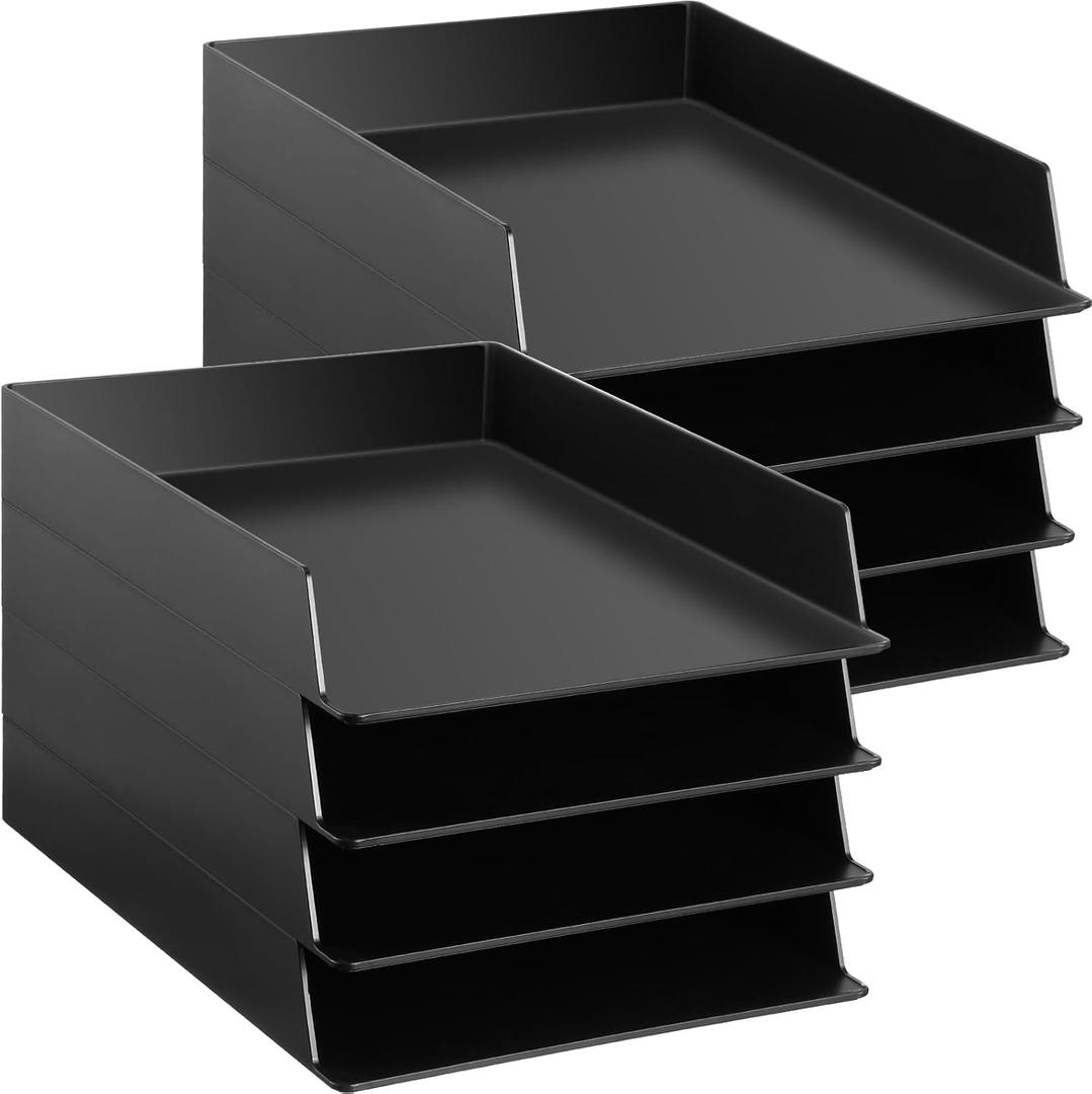 Wenqik 8 Pcs Stackable Paper Trays Rectangular Plastic Desk Holder Desktop Document File Organizer Storage Letter for Office Classroom (Black)