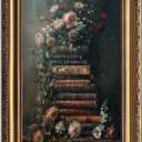 Framed Vintage Floral Wall Art - Moody Flowers Books Art Oil Painting, Vintage Wildflowers Dark Academia Floral Gallery Wall Decor Picture, Rustic Country Canvas Decor for Living Room Office 20''x30''