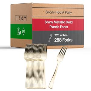 Smarty Had A Party Plastic Forks Heavyweight 288 Pcs, Disposable Fancy Gold Silverware Plastic Fork Set, Heavy Duty Bulk Party Pack Cutlery Flatware Utensil For Wedding, Thanksgiving, Birthday & More