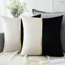 OTOSTAR Black White Velvet Throw Pillow Covers with Gold Leather Patchwork Luxury Modern Minimalist Square Pillowcase Cushion Covers for Living Room Bed Couch Sofa 18x18Inch Set of 2