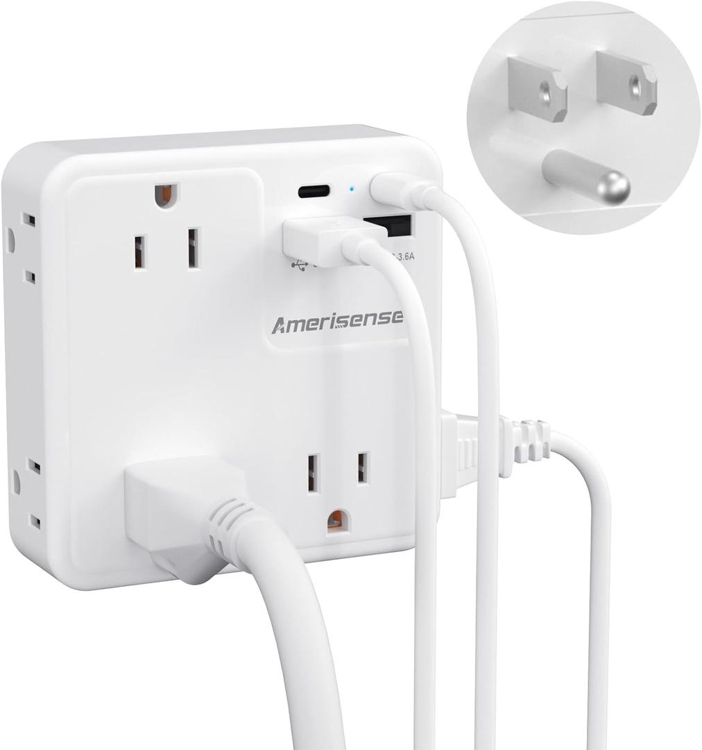 Multi Plug Outlet Extender with USB, Amerisense Wall Charger with 6 AC Outlets & 4 USB Ports (2 Type-C & 2 Type A Ports), 3-Sided Power Strip Multiple Outlets for Home, Kitchen, Office, Cruise Ship