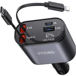 iPhone Car Charger, Retractable Fast Car Phone Charger 100w for CarPlay, 4 in 1 Car Charger Adapter with 2 Cables 31.5 Inch and 2 USB Ports, Compatible with iPhone 17/16/15/14/13/12/11 Pro/Samsung