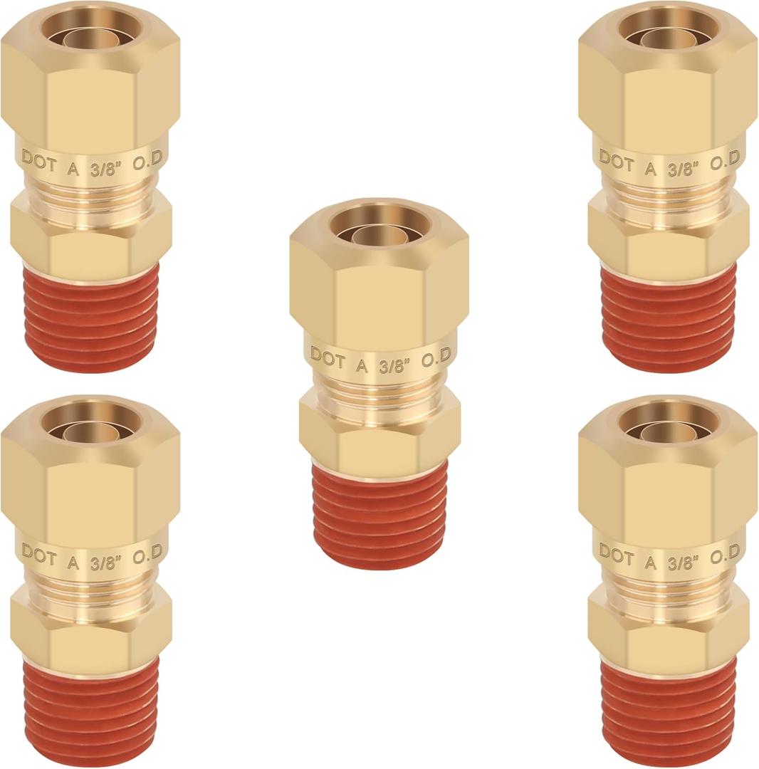5PCS Air Brake Nylon Tubing Brass Union Fitting, 3/8" Tube OD x 1/4" NPT Thread Air Compression Straight Union Fittings for Nylon Hose with DOT Approved for Truck Trailers