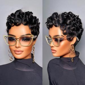 VRZ Short Pixie Cut Wigs for Black Women 100% Brazilian Human Hair Full Machine Made Wigs Glueless Natural Black Color Curly Human hair (U50#NL Color)